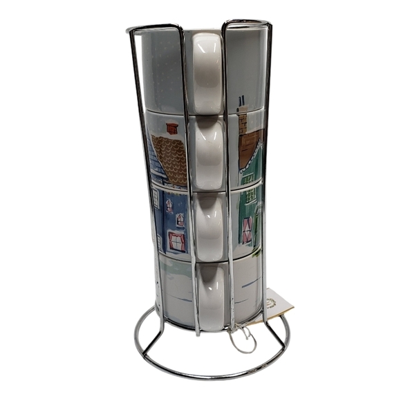 Pier 1 Stacking Christmas Village Winter Stoneware Mugs Set of 4 Metal S… - Picture 4 of 16